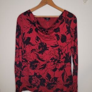Talbots Top Roses Red Black Floral drape, cowl neck Sz MP🌹
